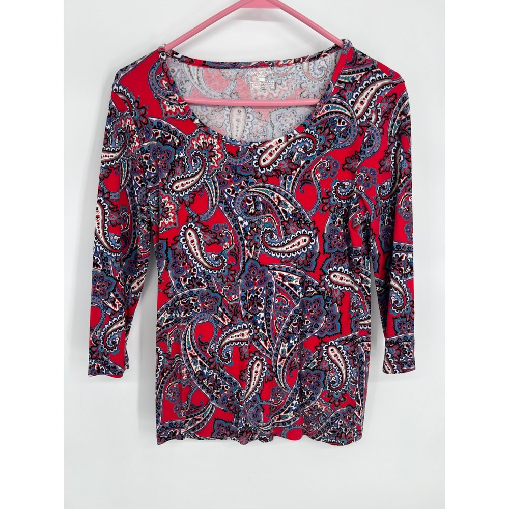 Jones New York‎ Sport Womens Red Paisley 3/4 Sleeve Scoop Neck Knit Top Large
